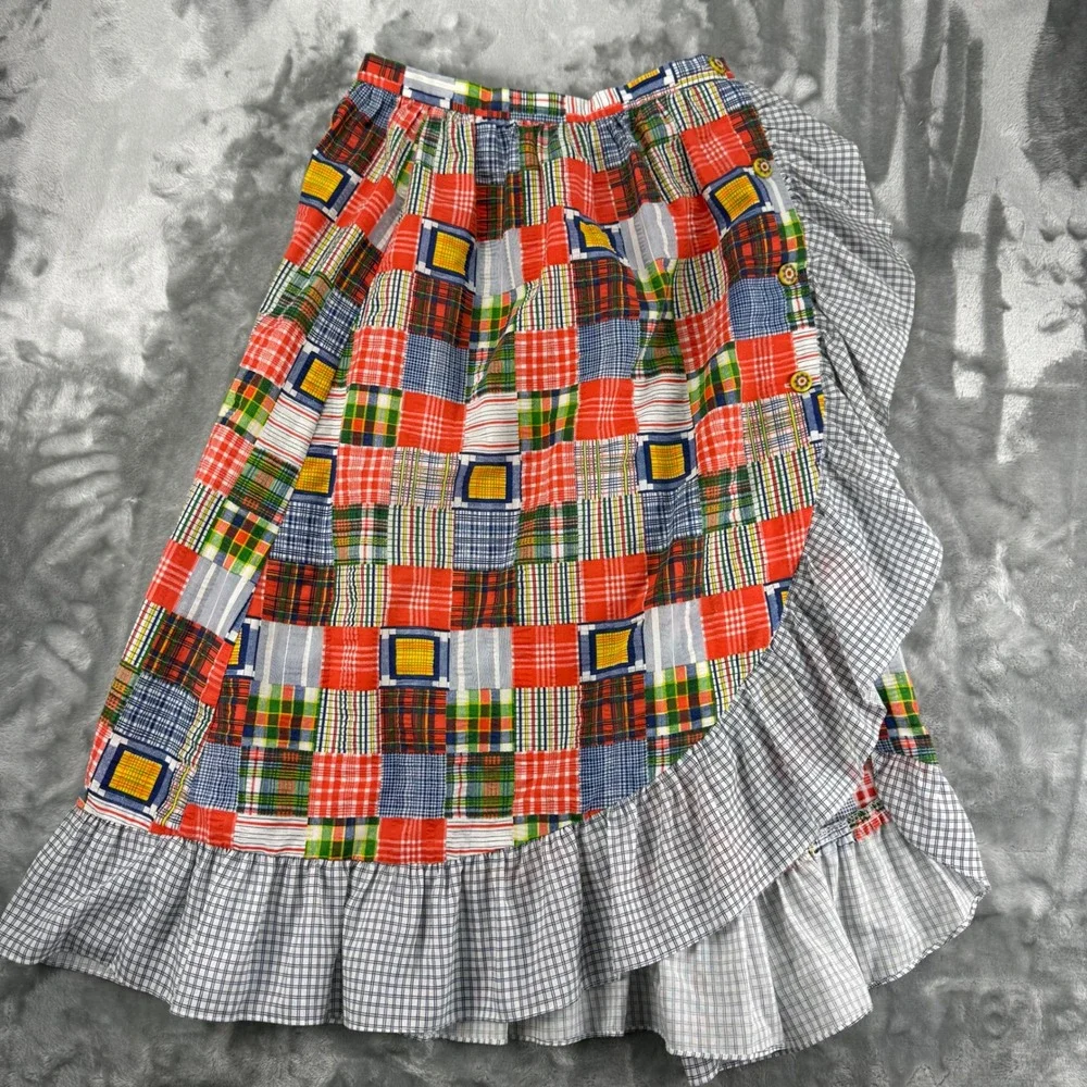 Vintage 70's Patchwork Plaid Ruffle Midi Skirt Boho Romantic Folk, High Waist - Picture 11 of 15